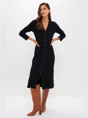 Lucky Brand Black Ribbed Button-Front V-Neck Midi Dress